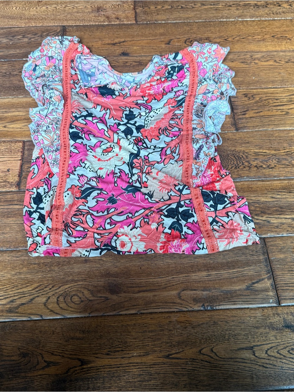 Maeve Coral, Pink & Black Floral Flutter Sleeve Tee